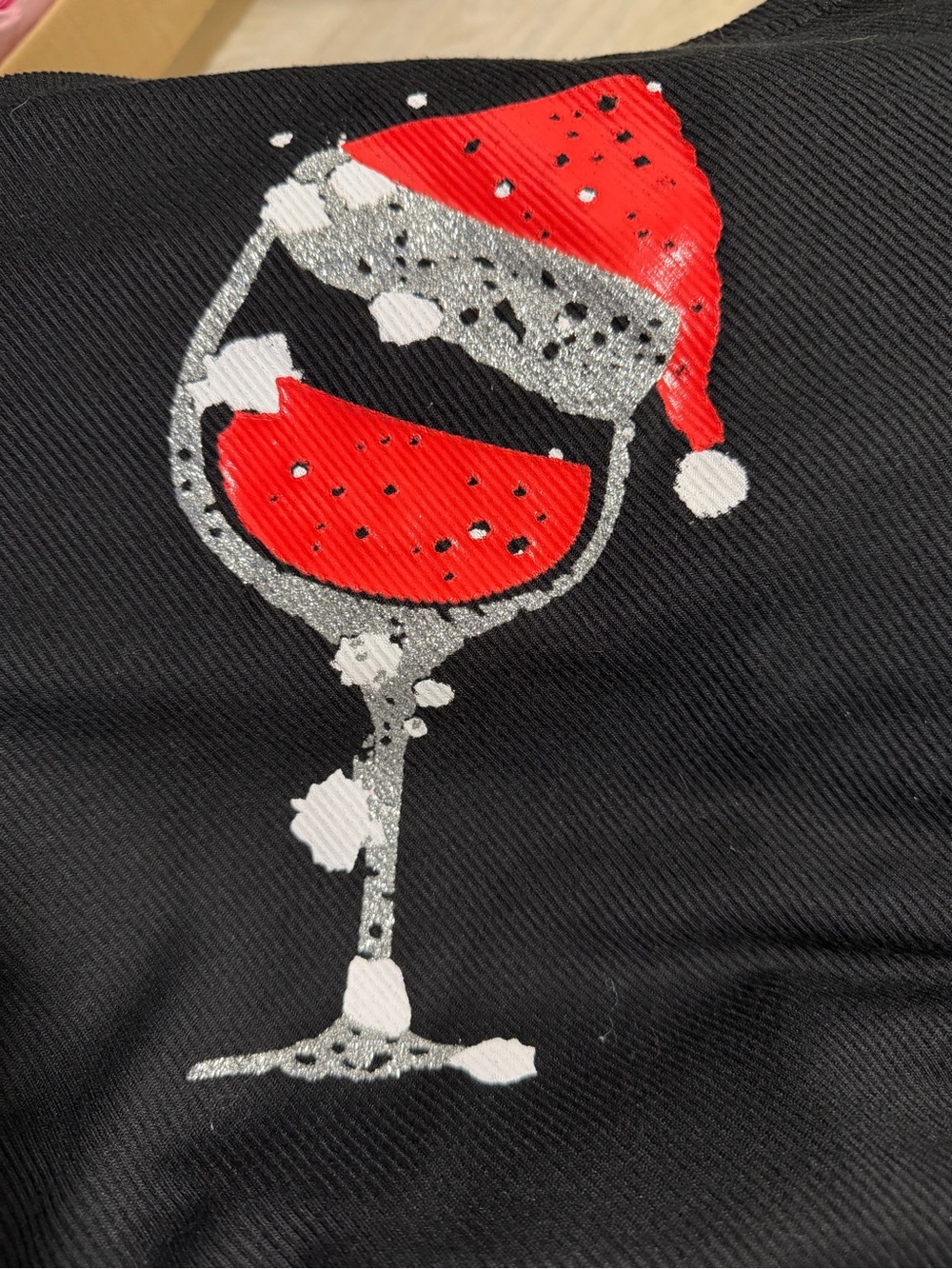 Source Unknown Black Top with Red & Silver Holiday Wine Glass Graphic